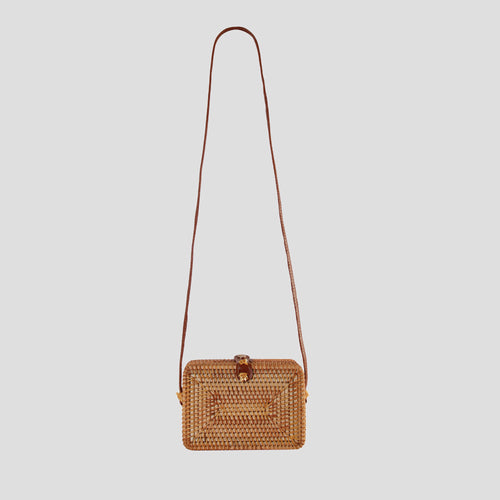 Handwoven Nature Rattan Box Cross Body Bag with PU Leather Detail